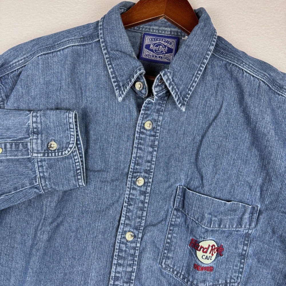 Hard Rock Cafe Denim Shirt Mens Large Blue Denver Embroidered Guitar Long Sleeve